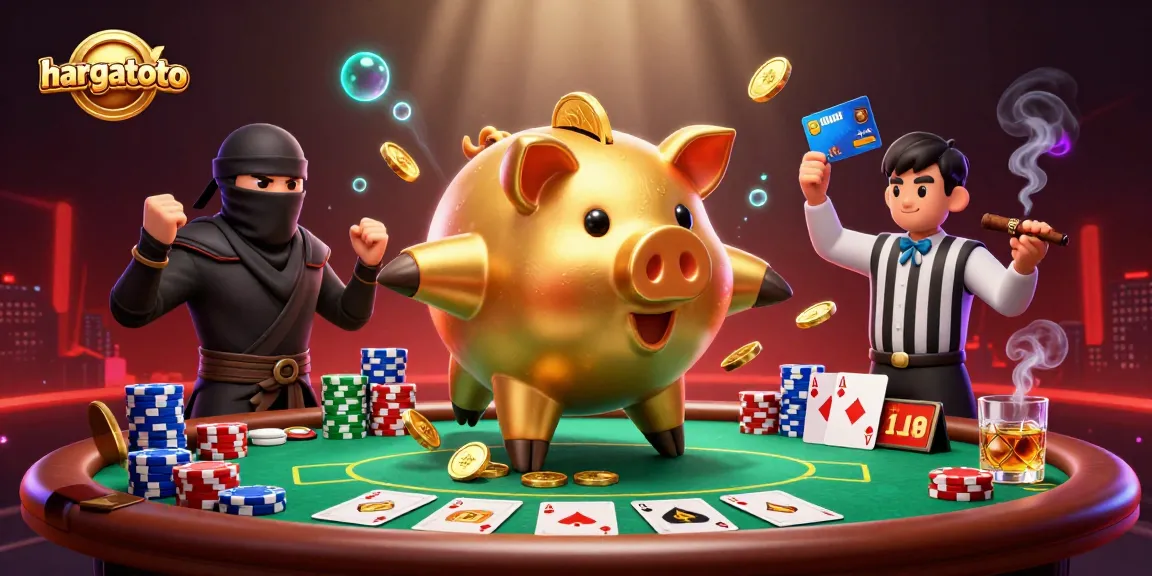Hargatoto menyajikan piggy bank sumo yang beraksi, dikelilingi elemen permainan poker menarik.
