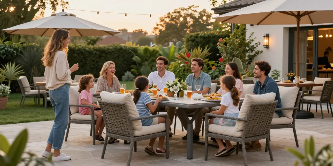 Gathering around affordable patio furniture in a garden setting during golden hour, showcasing family dining.