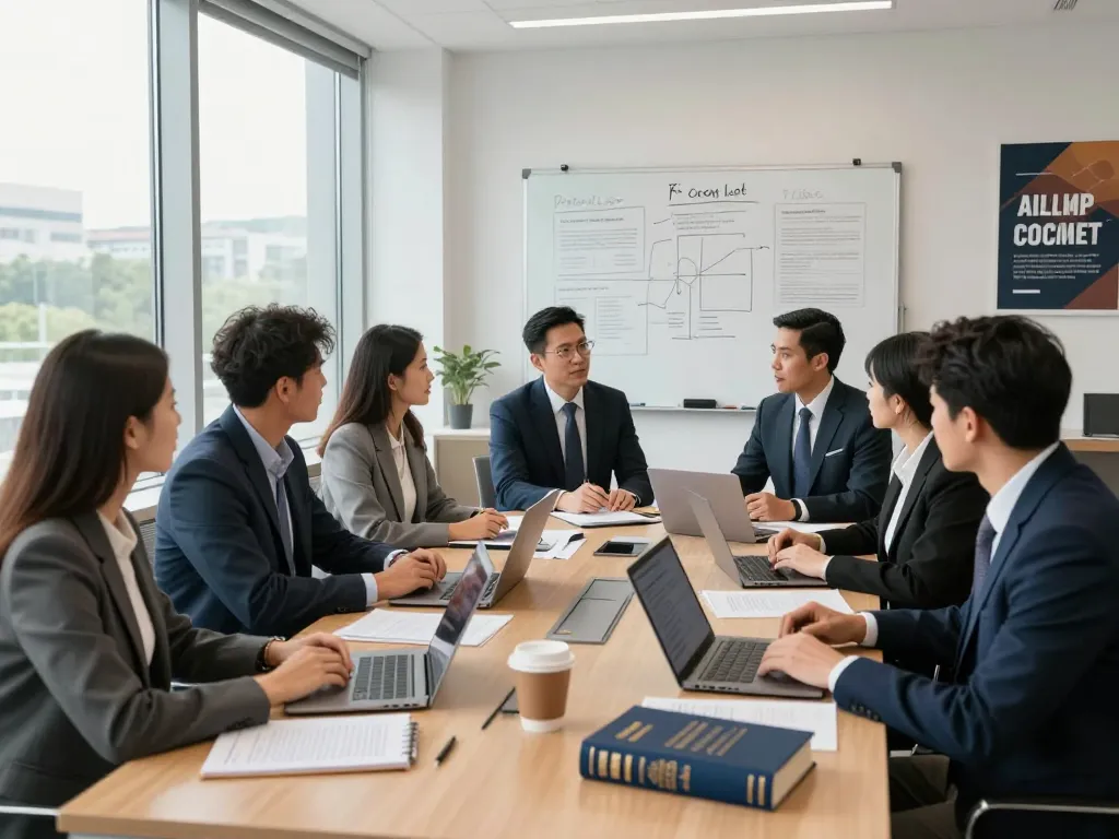 Attorneys collaborating in a modern office setting discussing lawyers United States strategies.