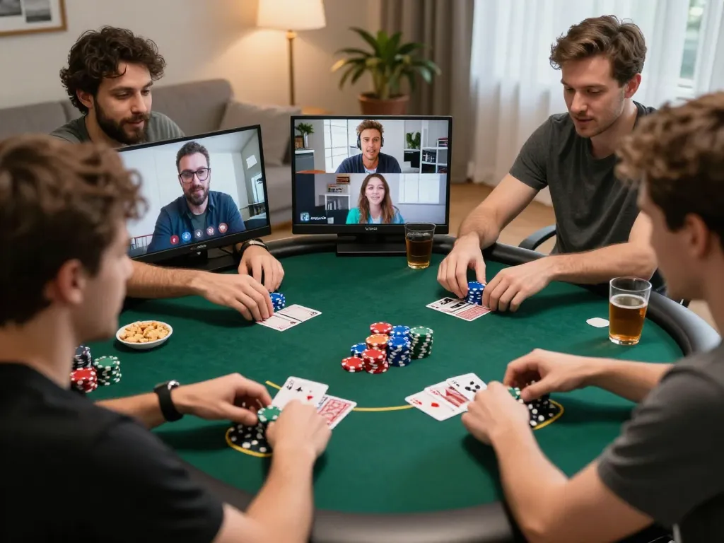 Engaging online poker session captured with impactxoft showcasing players placing bets at home.