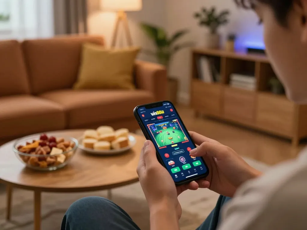 Player engaged in mobile gaming with the vin88a app, showcasing strategic betting in a cozy home setting