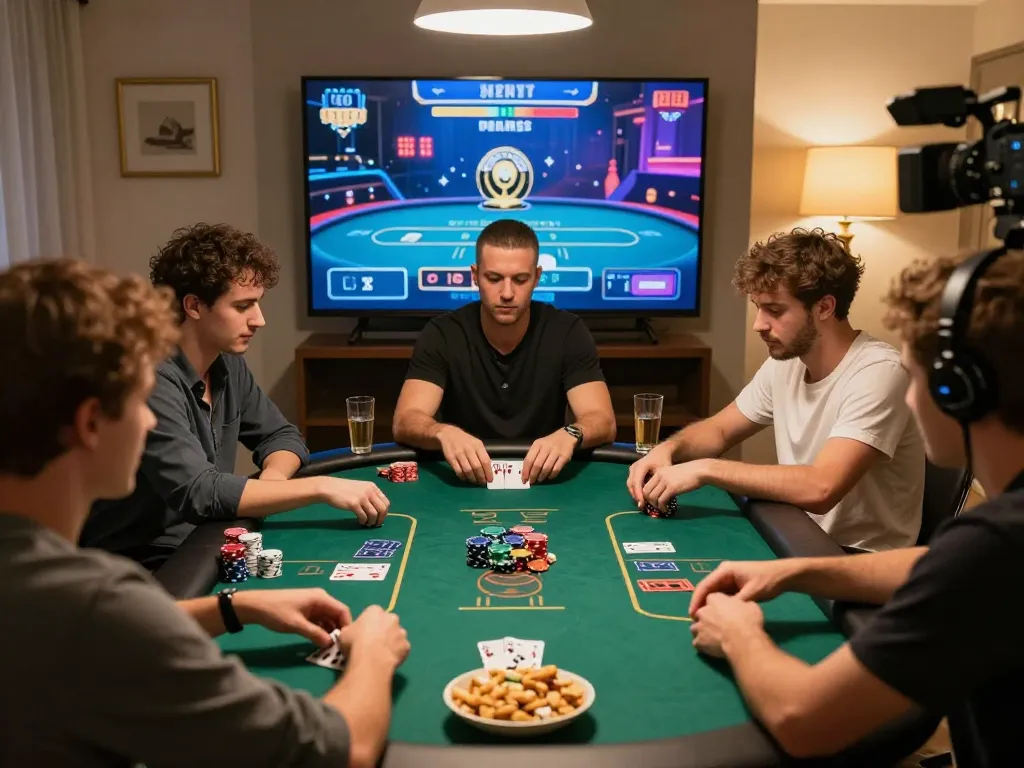 Players enjoying an online poker game on lclc88 with snacks and drinks in a cozy home