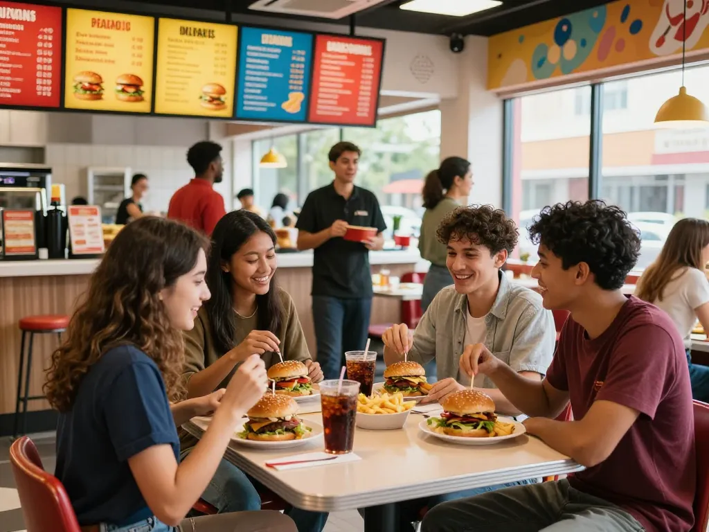 Friends enjoying fast food prices at a colorful restaurant table.