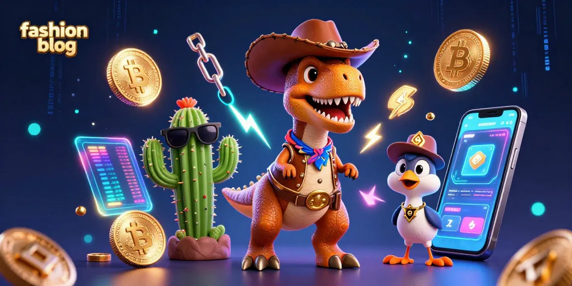 Engage in the thrill of the casino with our fashion blog featuring a vibrant cartoon T-Rex and crypto symbols.
