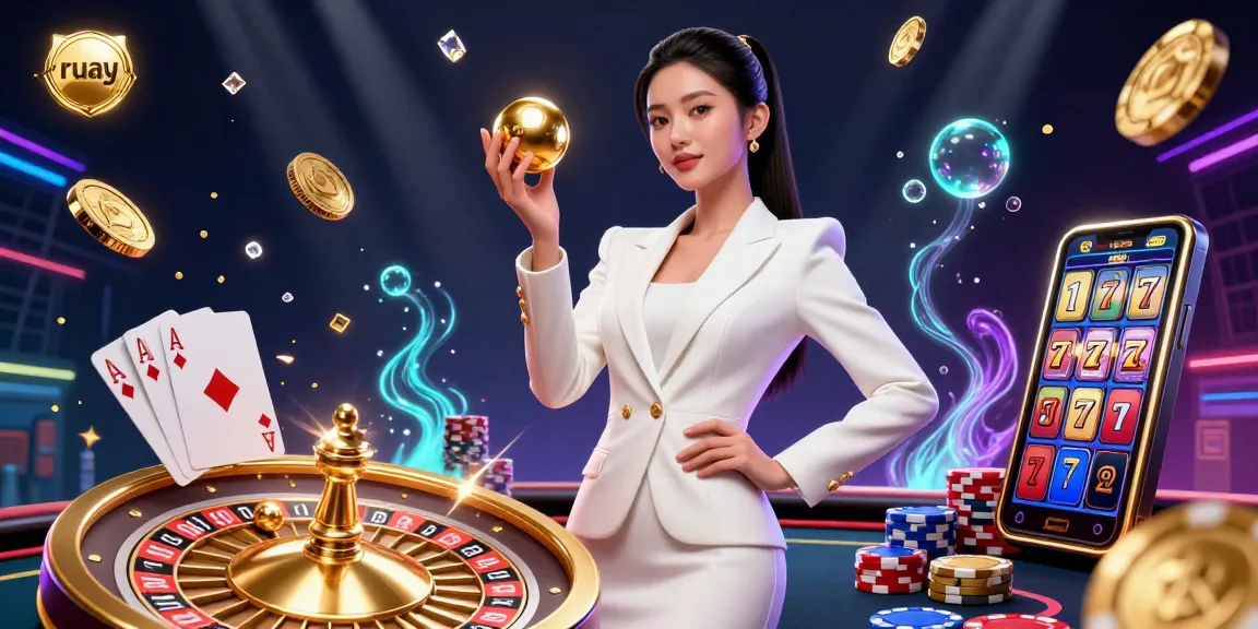 เล่นเกมที่น่าตื่นเต้นที่ ruay กับผู้หญิงเอเชียที่มีลักษณะเหมือนจริงถือ ลูกบอลรูเล็ตสีทอง แสดงให้เห็นถึงการกระทำในคาสิโน