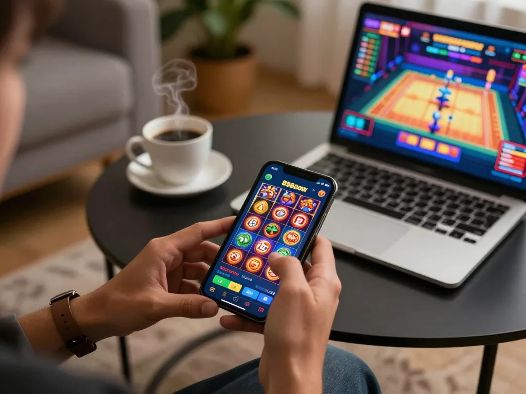 Player engaging with the 888now casino app, exploring slot games in a cozy home setting.