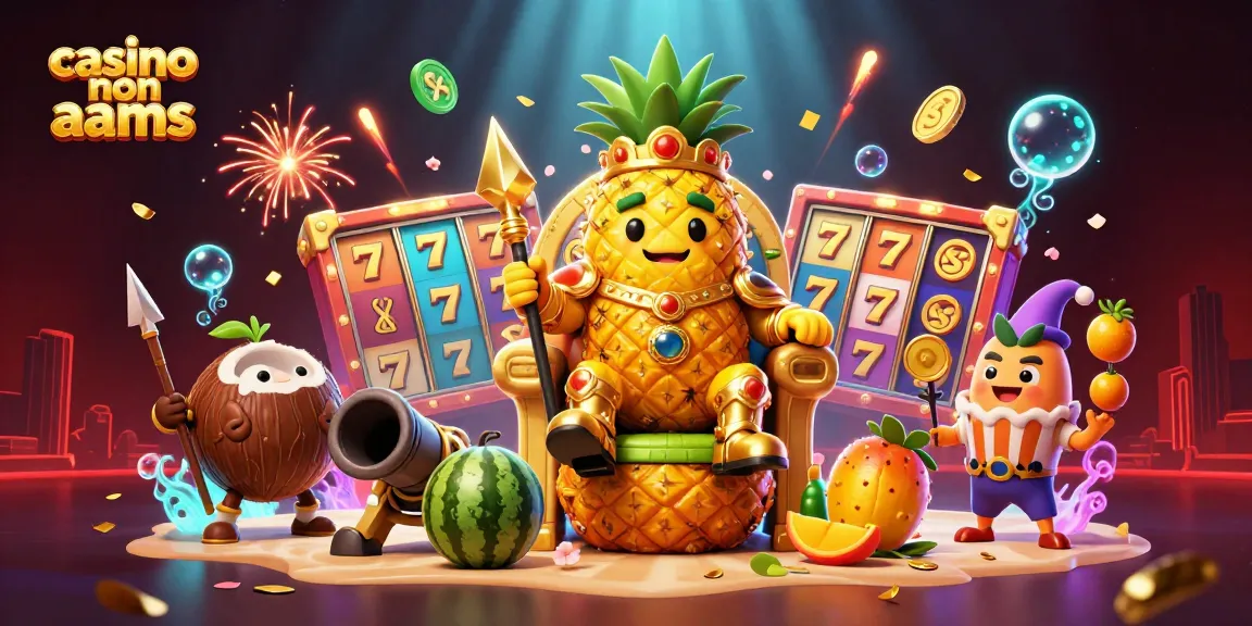 Gioca nei casino non AAMS, svela segreti con un re ananas d'oro su un trono di frutta.