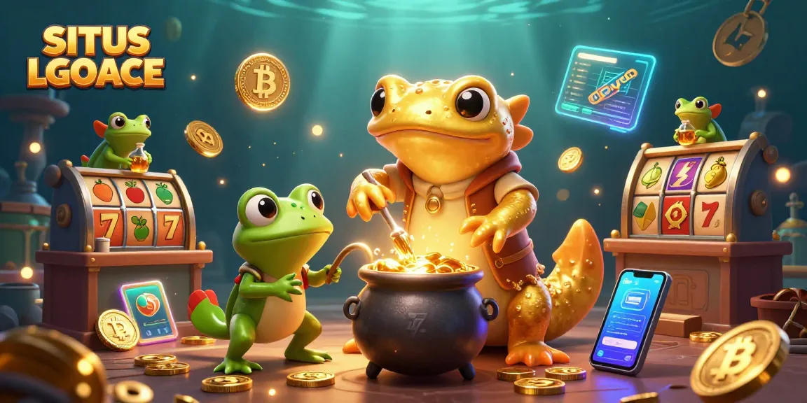 SITUS LGOACE merges slots with enchanting visuals, showcasing a vibrant scene of a golden alchemist and crypto elements.