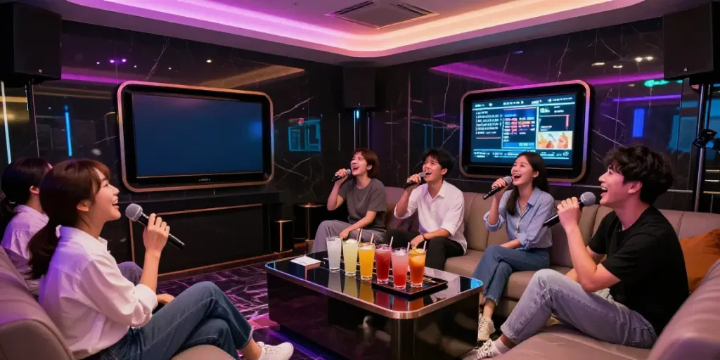 강남 도파민 가라오케에서 친구들과 즐거운 시간을 보내는 모습