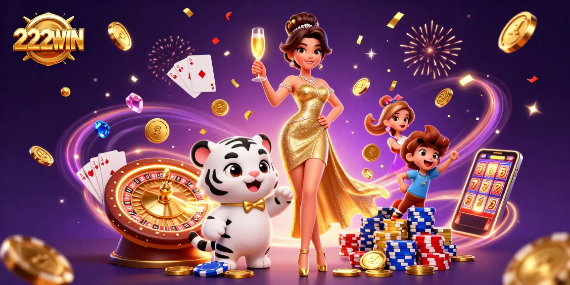 Engage in thrilling gameplay at 222WIN, featuring a glamorous figure with a lucky tiger and casino elements.