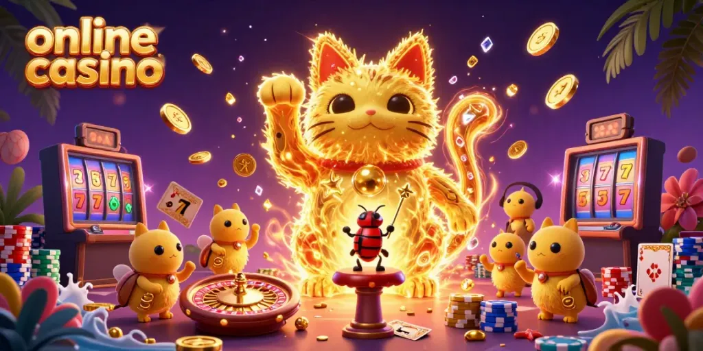 Experience the vibrant and dynamic world of an online casino with sparkling characters and gaming elements.