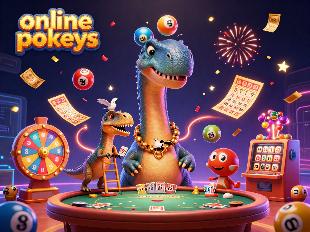 Experience online pokies excitement with a brontosaurus dealer and vibrant game elements in a casino setting.