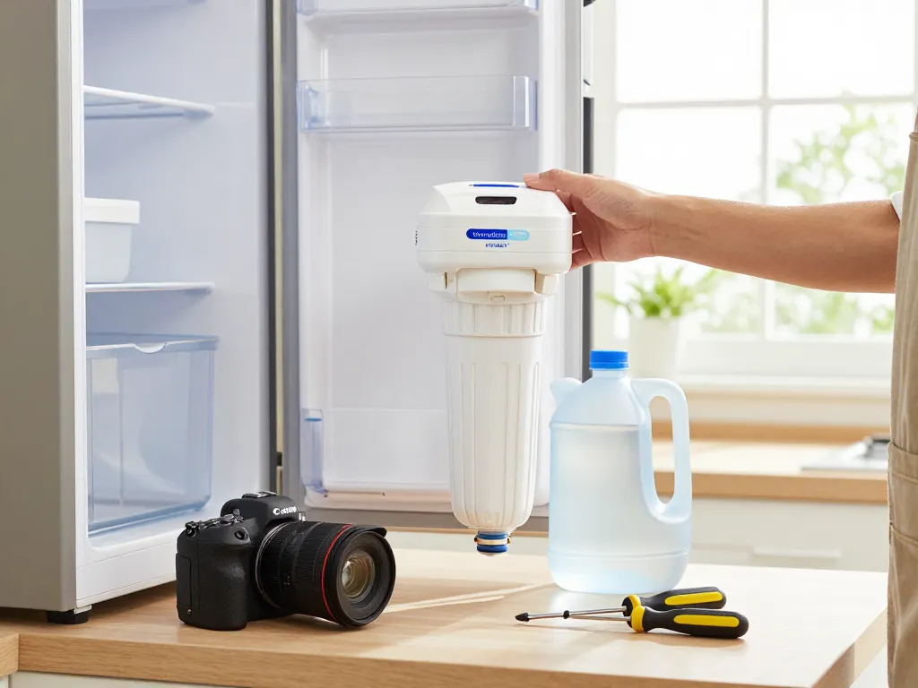 Person replacing Waterdrop 4396701 Replacement for Whirlpool® EDR6D1 water filter in bright home kitchen.