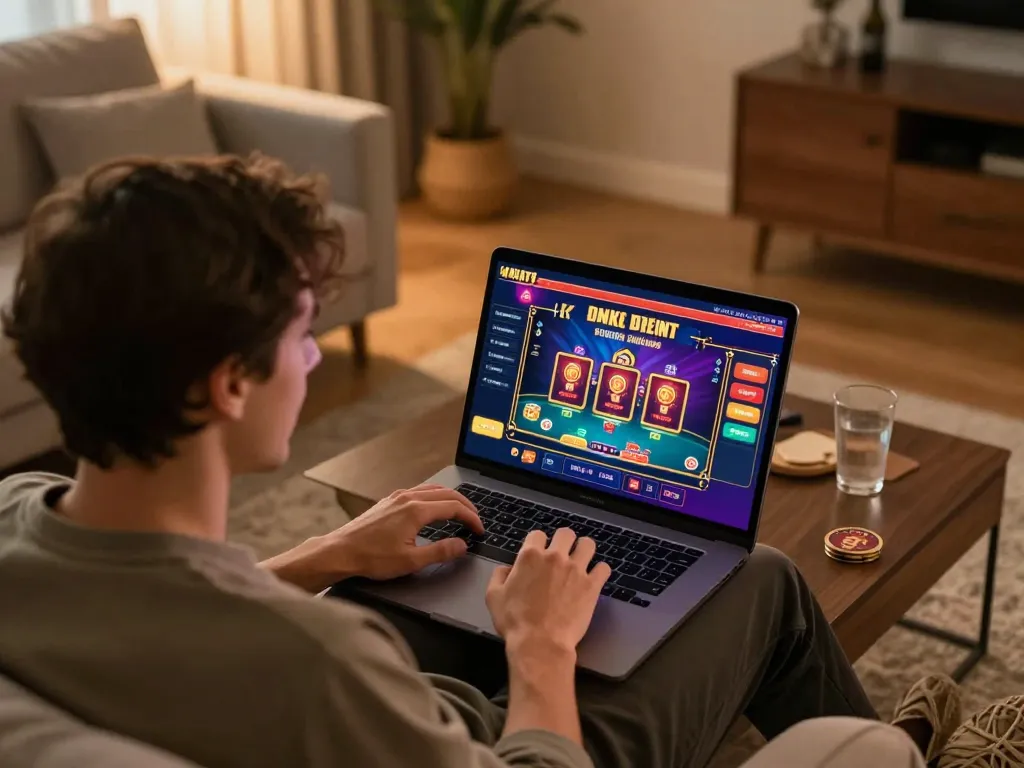 nk88 user engaging with live online casino games on laptop in cozy home