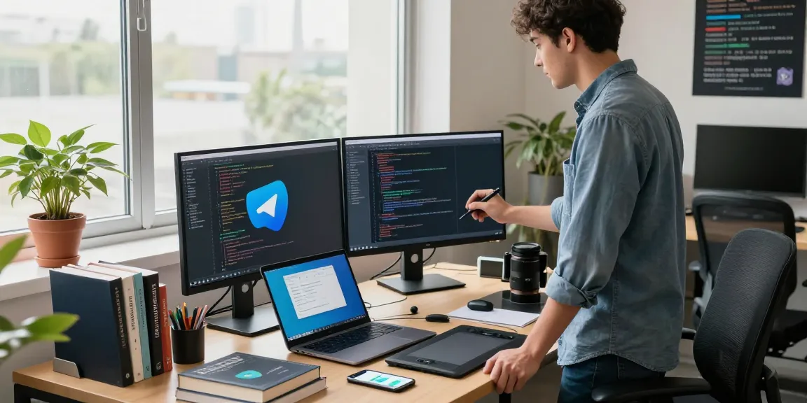 Developer utilizing telegram中文 app in a modern office workspace filled with tech gadgets