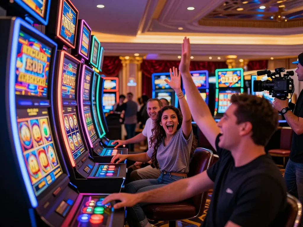 Players enjoy slot gacor machines, celebrating wins in a vibrant Las Vegas casino atmosphere