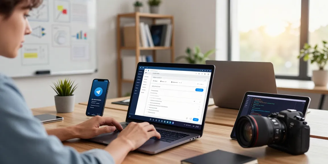 Explore telegram中文 settings on a sleek tech workspace with digital devices.