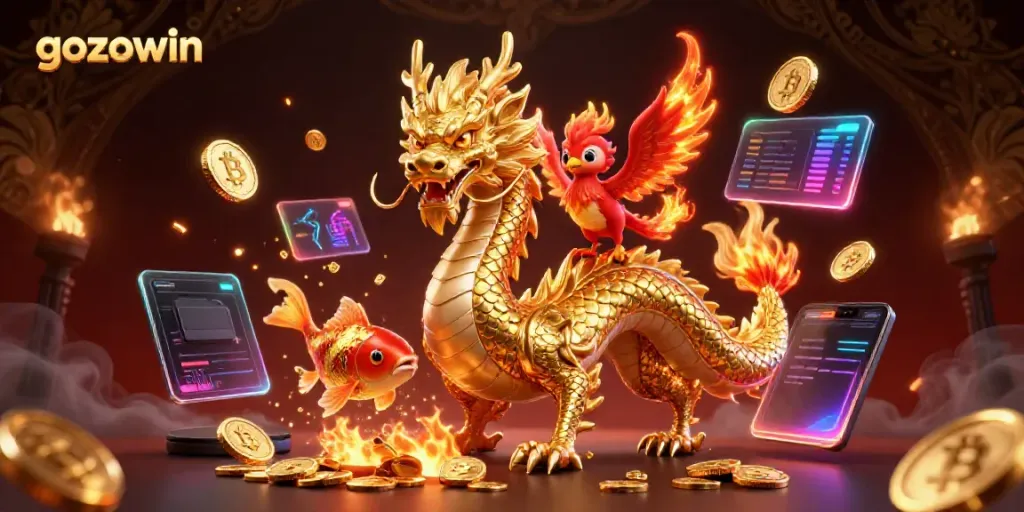 Experience the exhilarating gaming world of gozowin with a dynamic fusion of dragons, coins, and vibrant casino elements.