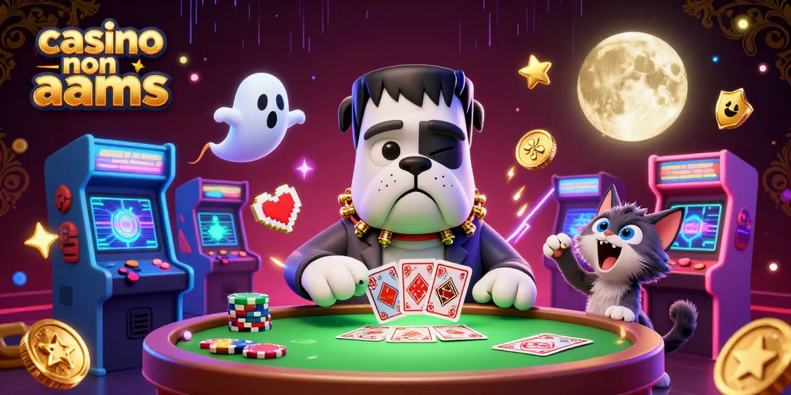 Giocando in un casino non AAMS, il bulldog Frankenstein distribuisce carte mentre un topo fantasma fluttua tra le chips.
