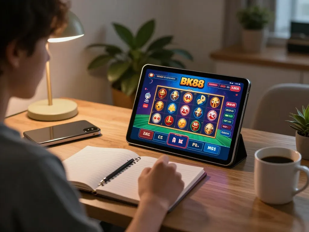 Engaging in BK88 online casino gaming on a tablet at home, showcasing strategic gameplay.