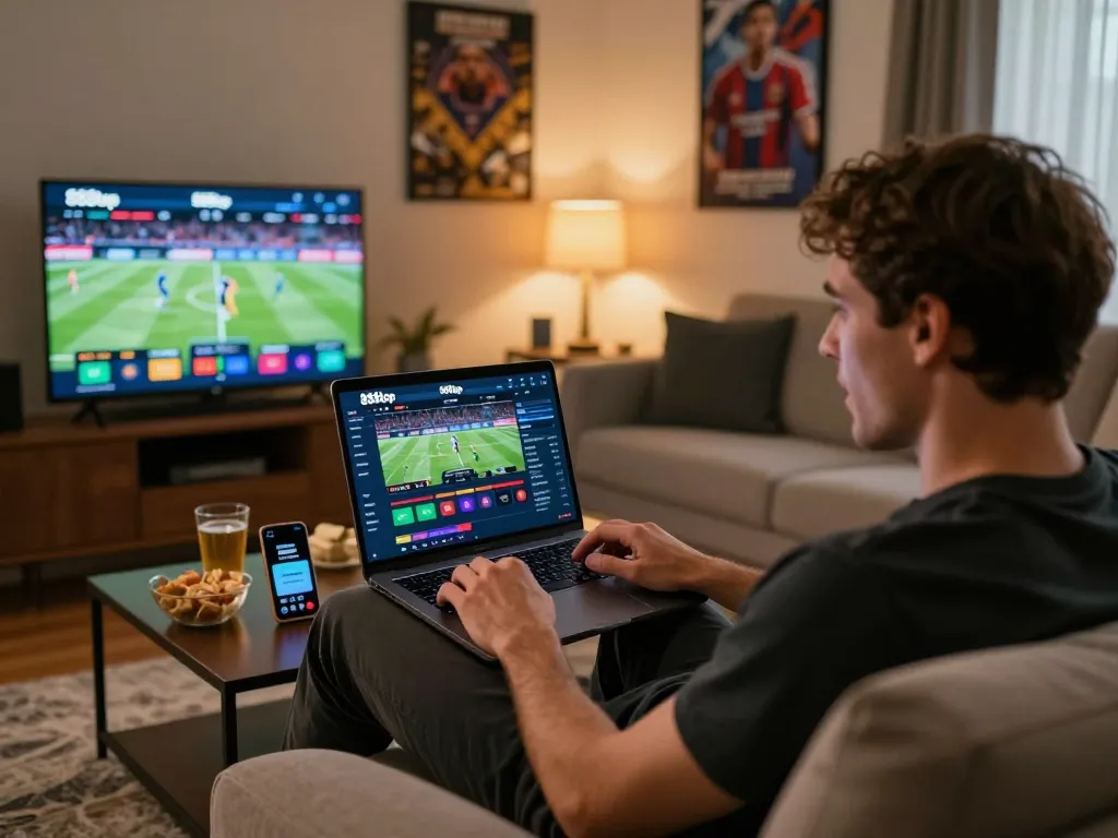 Person placing bets on 888top with live sports interface on laptop, engaged in home gaming.