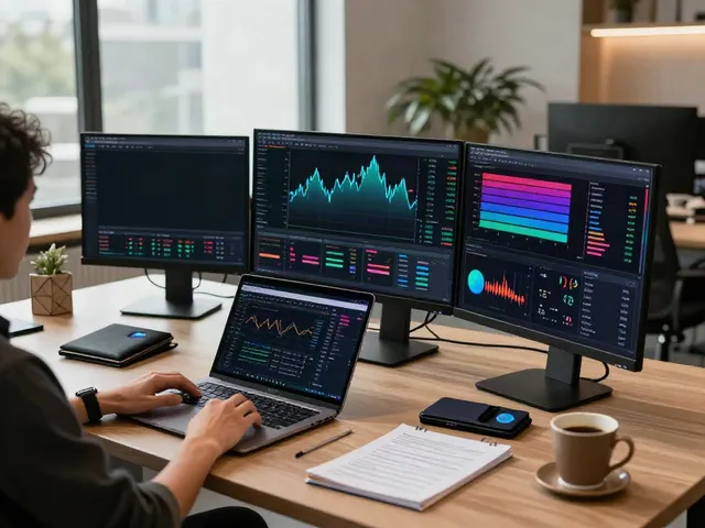 WebSocket行情接口 displayed on multiple monitors in a professional crypto trading setup, featuring price charts and digital wallet apps.