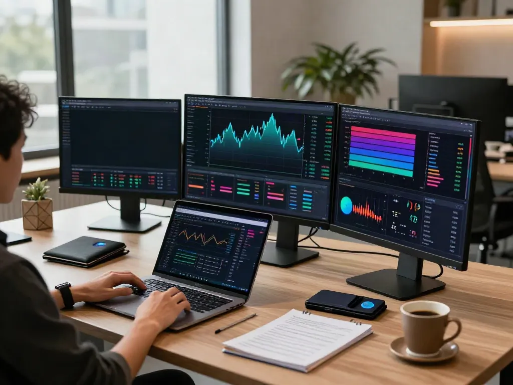 WebSocket行情接口 displayed on multiple monitors in a professional crypto trading setup, featuring price charts and digital wallet apps.