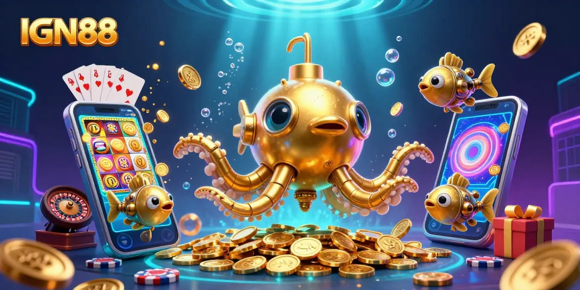 Mengungkapkan IGN88, kraken emas dan ikan mekanik beraksi dalam permainan slot dan koin emas berlimpah.