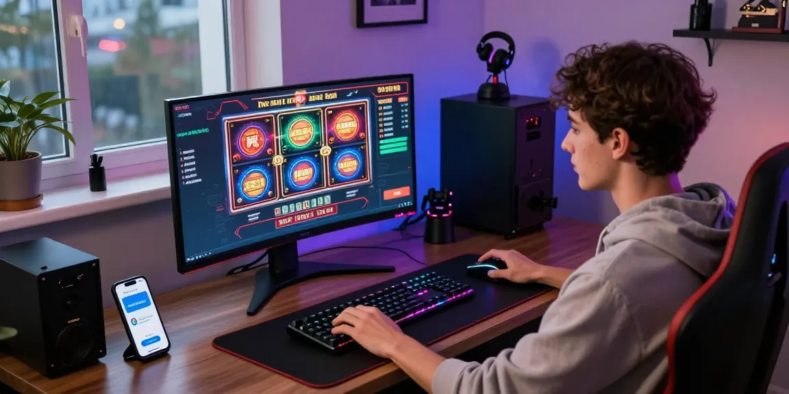 Junger Gamer, der die Aufregung von Paysafe Card Casinos in einem stilvollen Home-Office-Setup mit lebendiger Beleuchtung und fortschrittlicher Gaming-Ausrüstung erlebt.