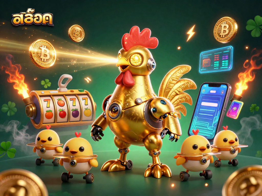 Spin สล็อต reels with a retro-futuristic rooster robot and baby chick drones in a vibrant casino scene