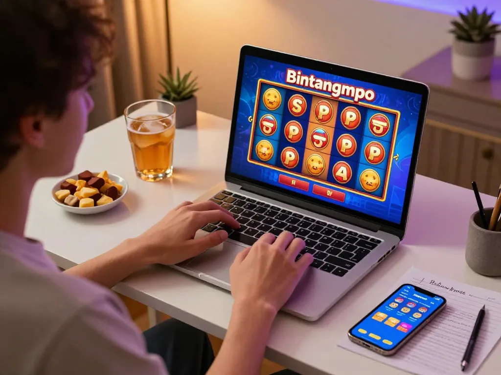 Pengguna Bintangmpo menikmati permainan slot online dengan visual yang menarik di pengaturan rumah yang nyaman