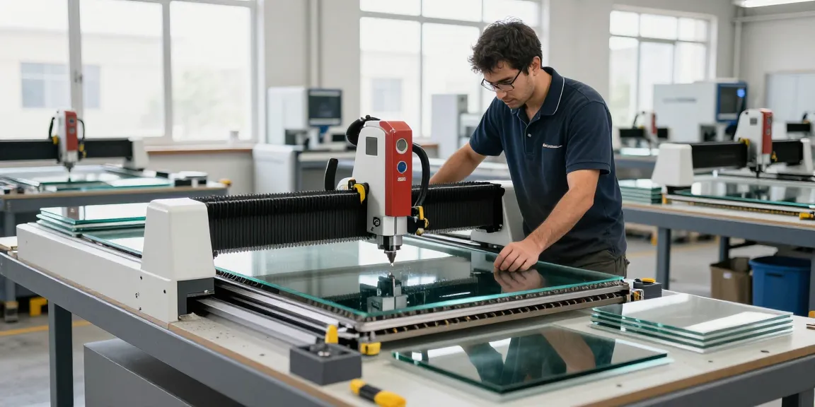Technician using glass cutting machine cnc in a bright workshop