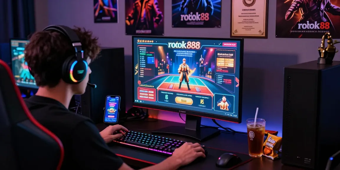Gamer focused on rokok88 link login while playing online casino games in a vibrant gaming setup.
