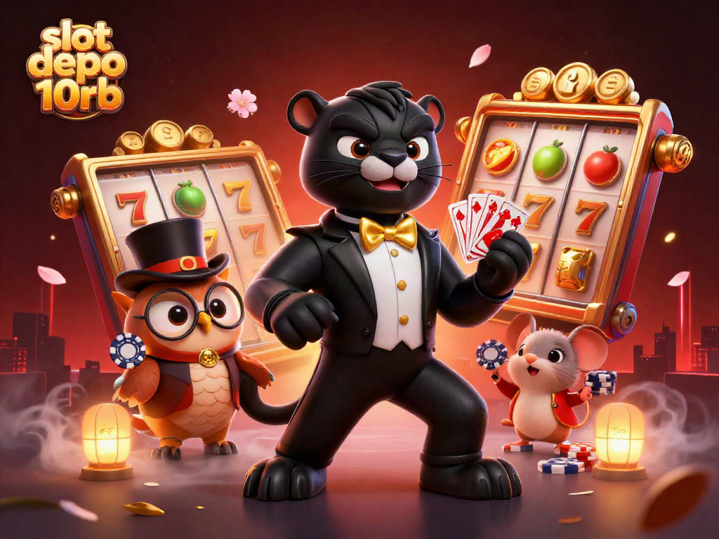 Engage in slot depo 10rb with a stylish panther and lucky characters amidst vibrant casino elements.