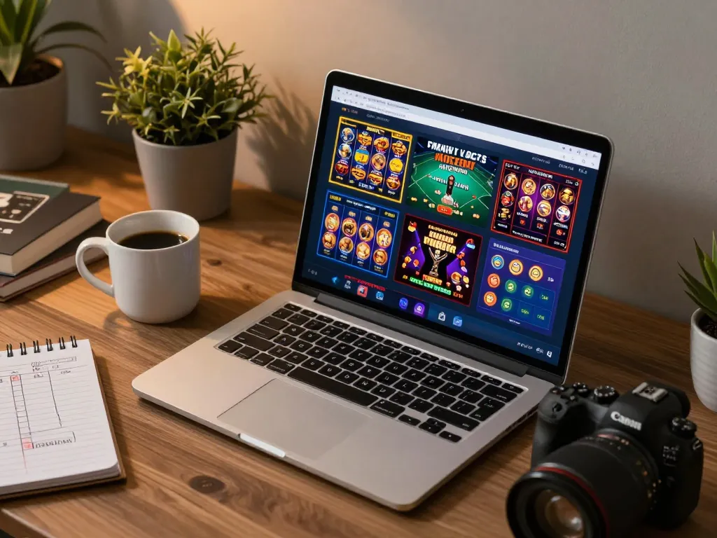 Online gambling scene showcasing situs slot gacor gameplay on a laptop with strategic notes nearby