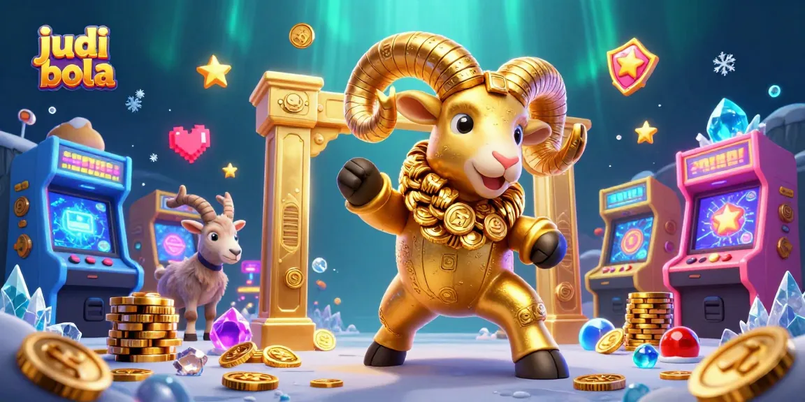 Engage in judi bola action with a dynamic illustration of a golden ram amidst colorful gaming elements.