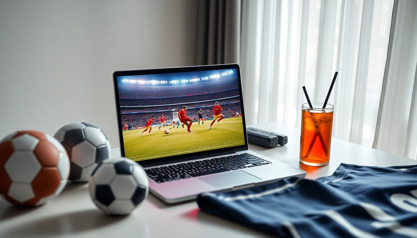 Menonton bolakami streaming dengan laptop dan aksesori sepak bola di meja modern.