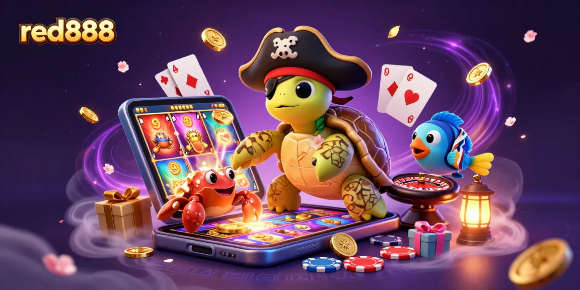Join the excitement of red888 with a vibrant casino scene featuring a pirate turtle and treasure.