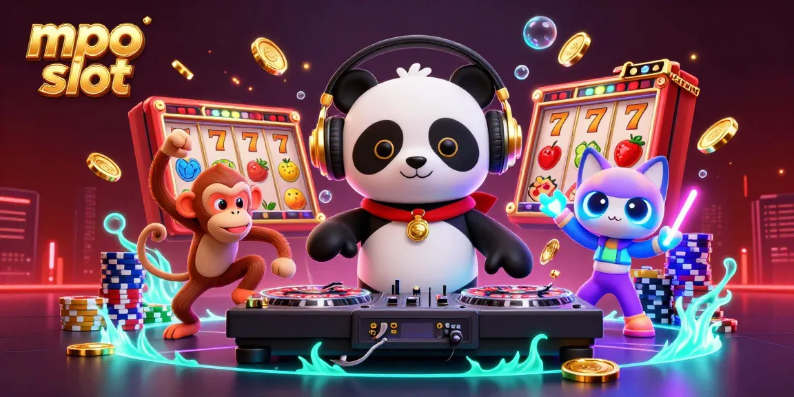 Experience the excitement of mpo slot with a DJ panda, dancing monkey, and glowing kitten amid vibrant casino visuals.