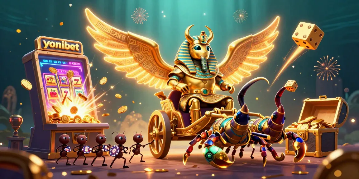 Experience excitement with yonibet as the golden scarab and characters celebrate casino wins, showcasing vibrant gambling elements.