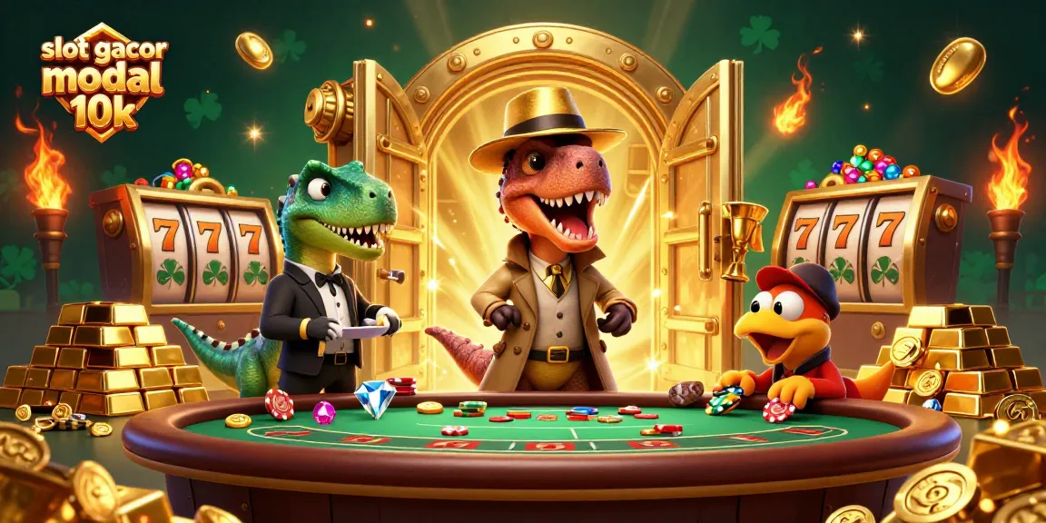 Experience action with "slot gacor modal 10k" at a dynamic casino scene featuring cartoon dinosaurs.