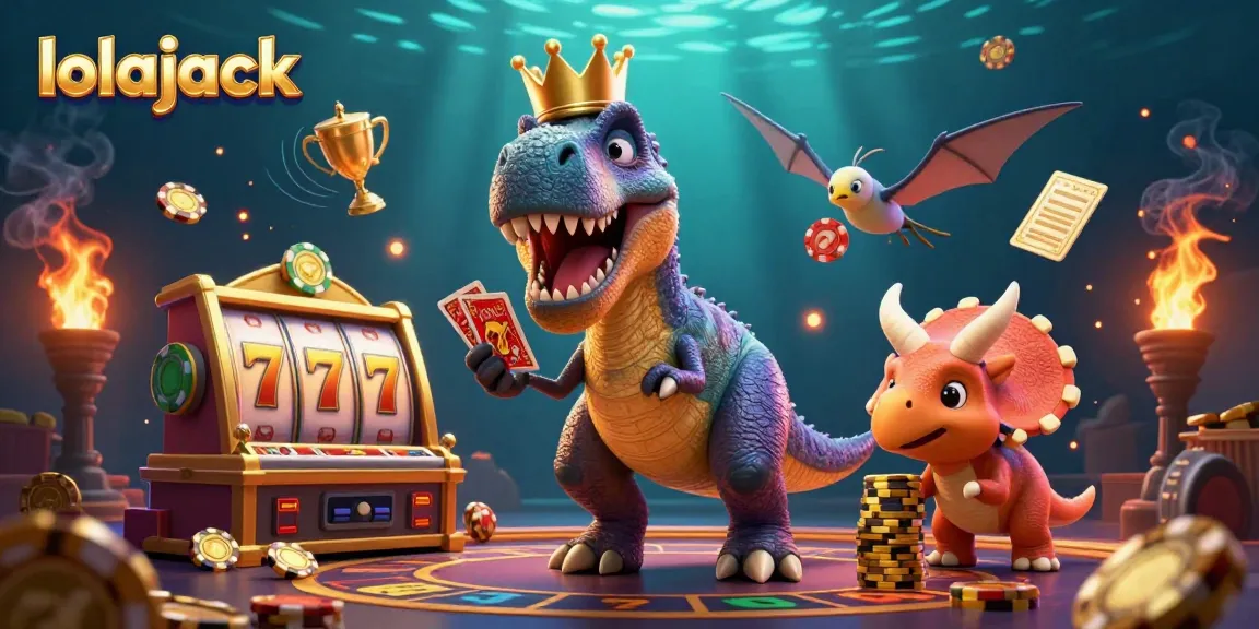 Engage in thrilling action at lolajack casino with a charming T-Rex dealer and exciting game elements.