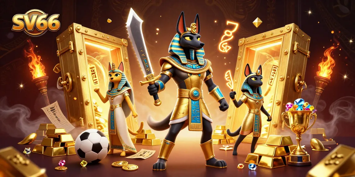 SV66 showcases dynamic sports betting elements in an exciting casino scene with Anubis and Bastet.