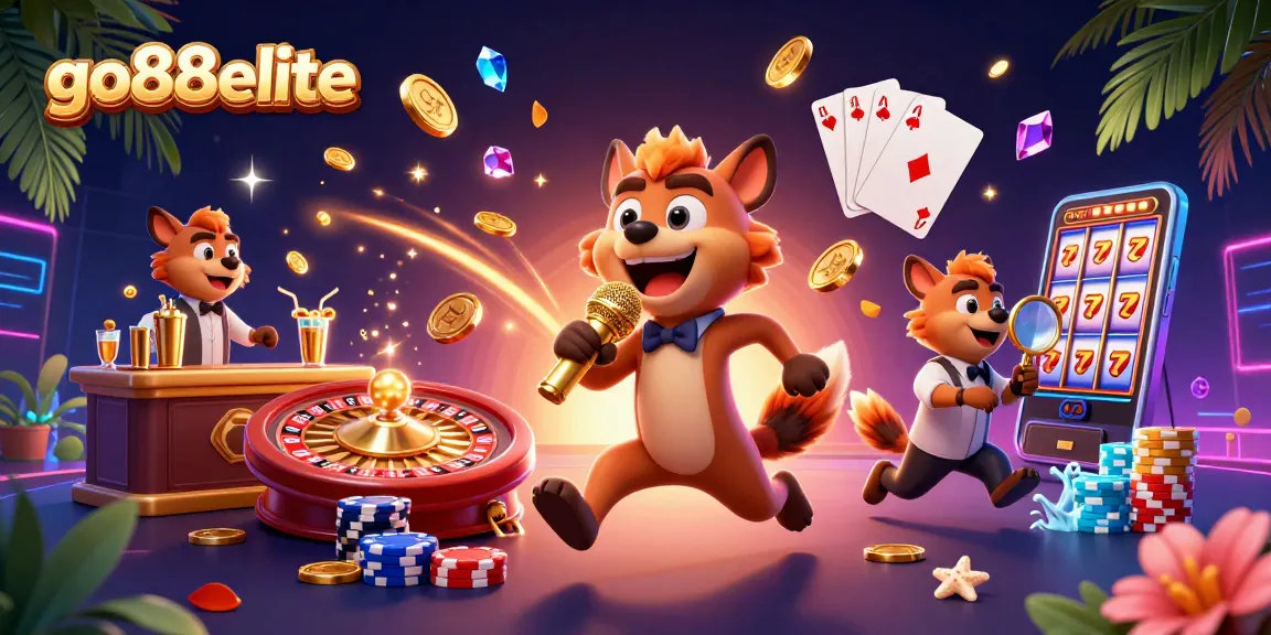 Engage with go88elite's vibrant casino world featuring hyenas in a lively scene with golden coins and slot machines.