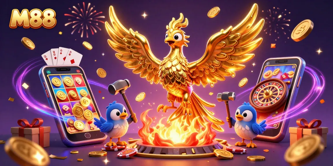 M88 reveals thrilling gaming action with a molten phoenix, gold coins, and vibrant casino elements.