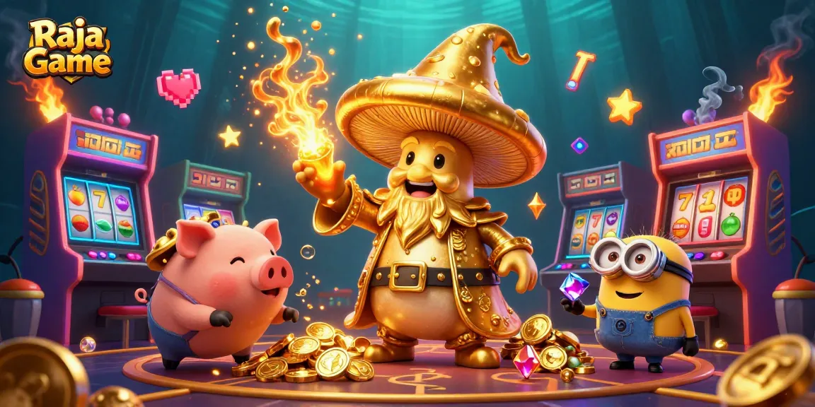 Engage with Raja Game's exciting arcade environment filled with vibrant slot machines and golden treasures.