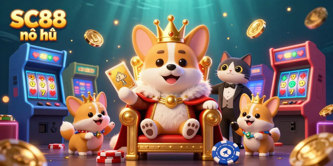 Experience big wins with SC88 nổ hũ, featuring colorful slot reels and royal characters in a vibrant casino scene.