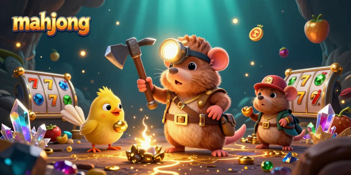 Engage in mahjong gaming with a cartoon mole mining treasure, surrounded by vibrant casino elements.