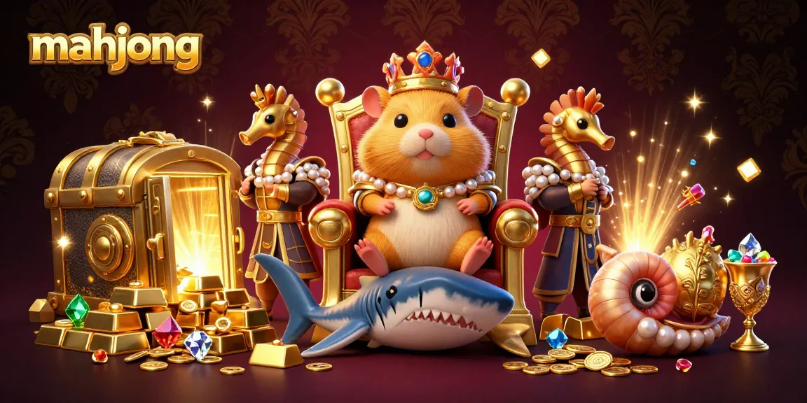Engage with Mahjong gameplay featuring a hamster king on a megalodon throne amidst gold rush treasures.