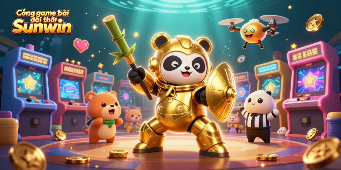 Engage with the vibrant scene of Cổng game bài đổi thưởng Sunwin featuring a mech-suit panda and arcade elements.